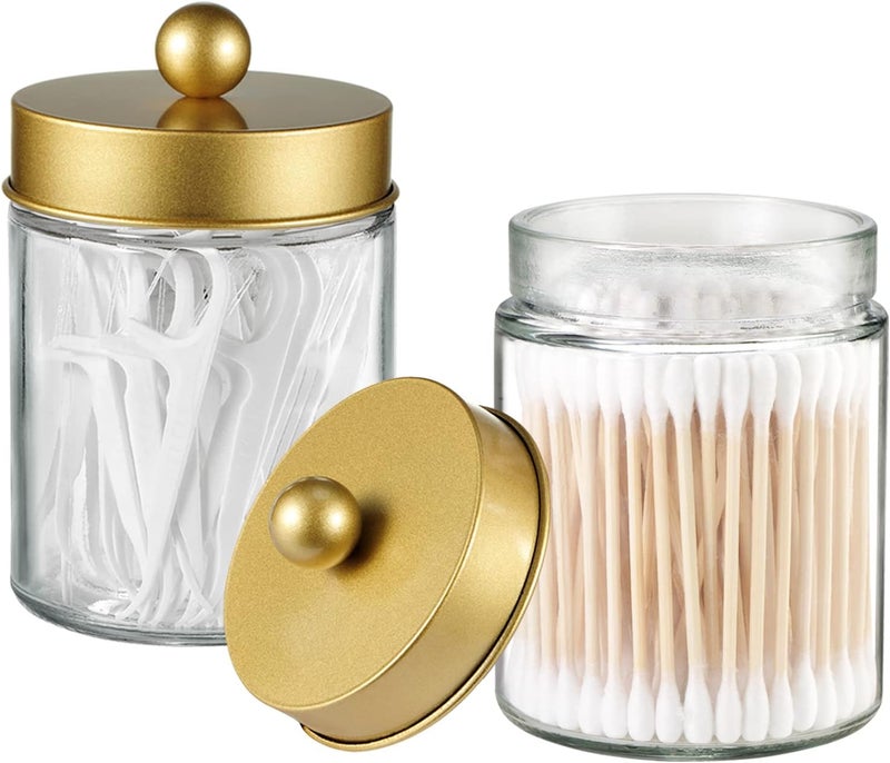 Komashr Apothecary Jar Canisters Bathroom Vanity Organizer - Qtip Holder Storage Organizer Countertop -Stainless Steel Lids &Cute Stickers for Qtips,Cotton Swabs,Makeup Sponges,Floss(3 Pack) (Gold) - Image 2